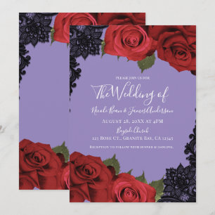 Invitation Roses rouges et dentelle noire Mariage chic violet