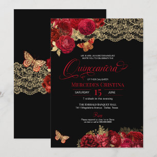 Invitation Roses rouges et dentelle papillon glamour Quinceañ
