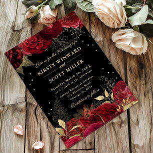 Invitation Roses rouges et dorées Bordure florale de mariage