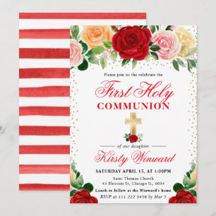 Invitation Roses rouges et jaunes Première communion sainte