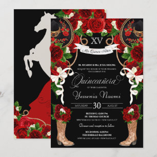 Invitation Roses rouges et Mariachi noire Vaquera Quinceanera