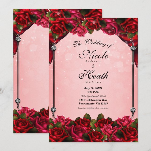 Invitation Roses rouges et Mariage de glam rose (Devant / Derrière)