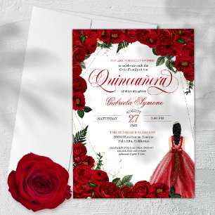 Invitation Roses rouges et or Fancy Red Ball Gown Quinceañera