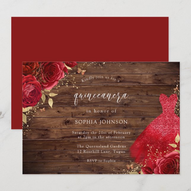 Invitation Roses Rouges Étincelle Robe Rustique Quinceanera P (Devant / Derrière)