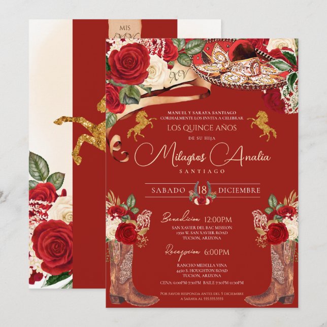 Invitation Roses rouges Fancy Mariachi Charra Quinceanera (Devant / Derrière)
