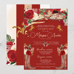 Invitation Roses rouges Fancy Mariachi Charra Quinceanera