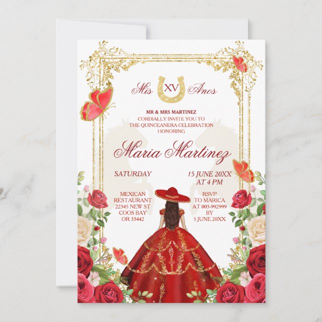 Invitation Roses rouges Fête de la Quinceanera, fille mexicai (Devant)