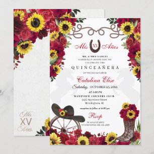 Invitation Roses rouges Fleurs de soleil Cowgirl Quinceanera