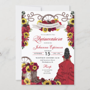 Invitation Roses rouges Fleurs de soleil Cowgirl Western Quin