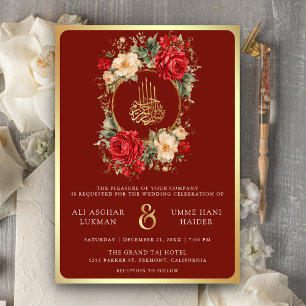 Invitation Roses Rouges Fleurs d'Ivoire Marron Or Mariage Mus