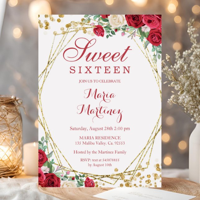 Invitation Roses Rouges Fleurs Douces 16e anniversaire Invita (Créateur téléchargé)