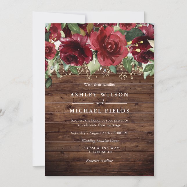Invitation Roses rouges Fleurs Mariage campagnard rustique (Devant)