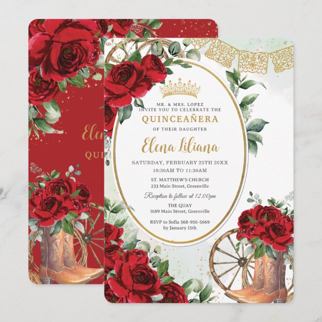 Invitation Roses Rouges Floral Charro Bottes Quinceañera Swee (Devant / Derrière)