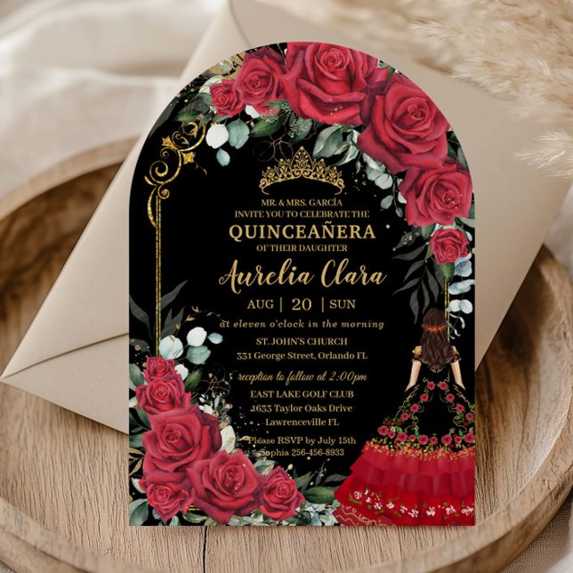 Invitation Roses rouges Floral Noir Charro Quinceañera Arc (Créateur téléchargé)