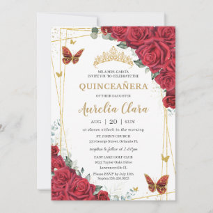 Invitation Roses Rouges Floral Papillons Dorés Quinceanera 15