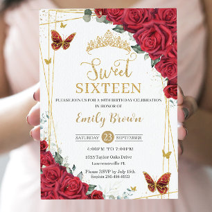 Invitation Roses rouges Floral Sweet sixteen de papillons d'o