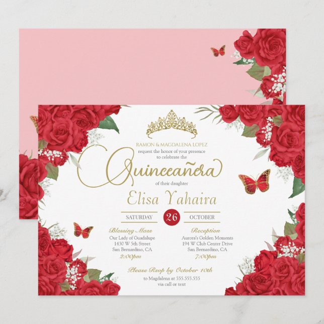 Invitation Roses rouges Floral Tiara Butterfly Quinceanera (Devant / Derrière)