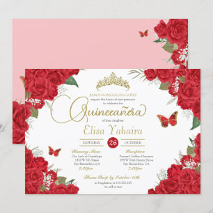 Invitation Roses rouges Floral Tiara Butterfly Quinceanera