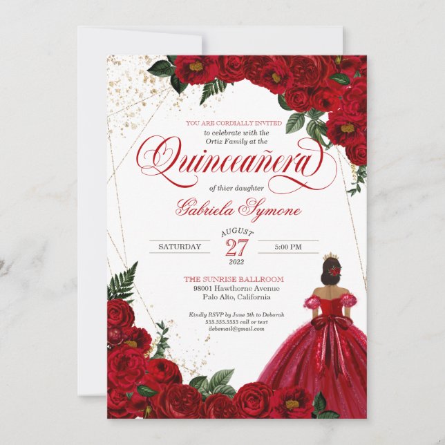 Invitation Roses rouges & Gold Elegant Gown Quinceañera (Devant)