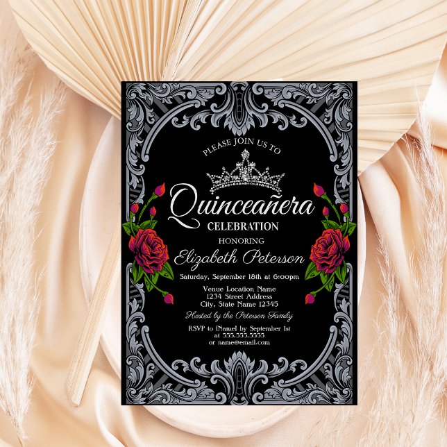Invitation Roses rouges Gothique Grilles noires Quinceañera (Créateur téléchargé)