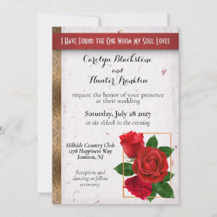 Invitation Roses rouges magnifiques et mariage métallique or