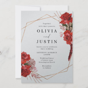 Invitation Roses rouges Mariage géométrique en argent métalli