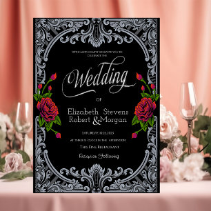 Invitation Roses rouges, mariage gothique rayé