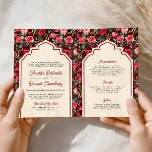 Invitation Roses Rouges Marron Vintage Fleurs Mariage Indien