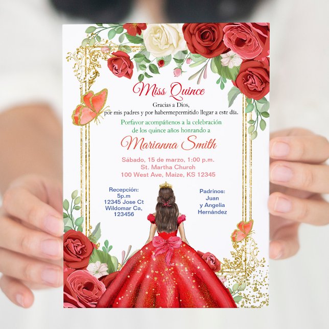Invitation Roses Rouges Mexicaines Princesse Quinceanera Papi (Créateur téléchargé)