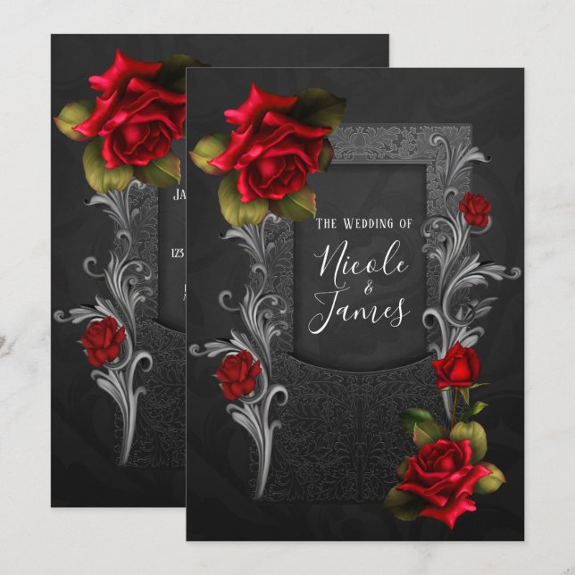 Invitation Roses rouges Noir Ornate Mariage gothique (Devant / Derrière)