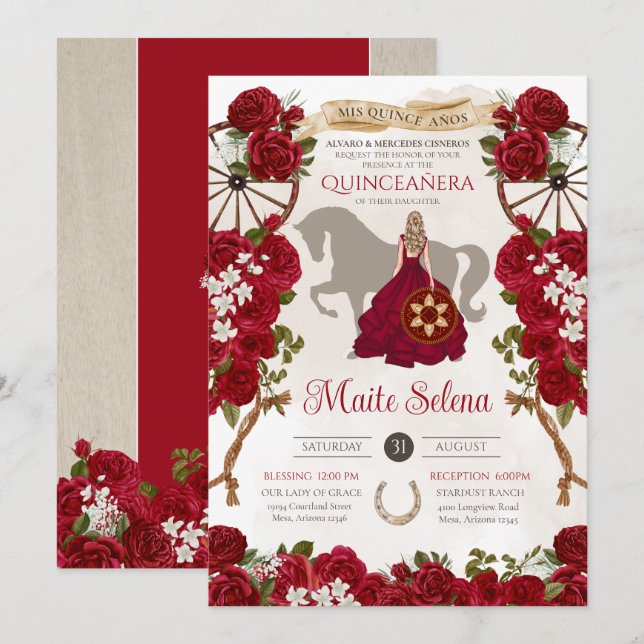 Invitation Roses rouges occidentales rustiques Floral Charro  (Devant / Derrière)
