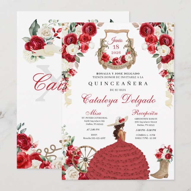 Invitation Roses rouges Ouest Mariachi Charro Quinceañera (Devant / Derrière)