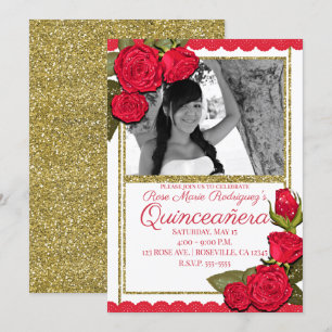 Invitation Roses Rouges Paillettes Dorées Fête de Quinceañera