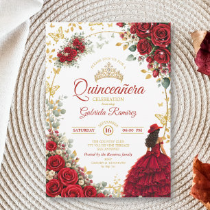 Invitation Roses Rouges Papillons Dorés Quinceañera