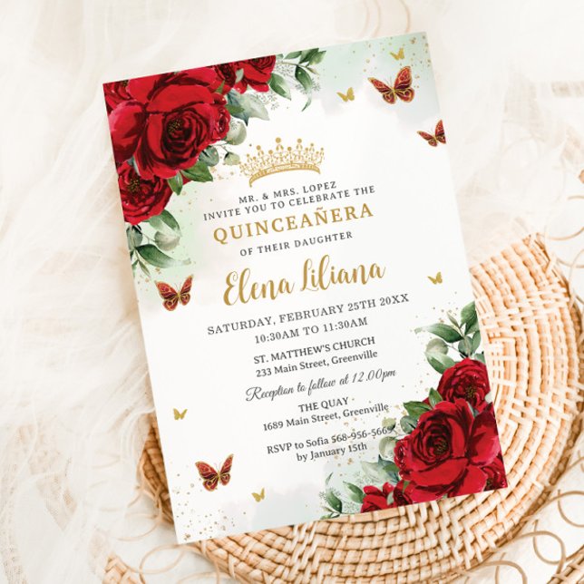 Invitation Roses rouges Papillons floraux Quinceañera Sweet 1 (bright-red-roses-flowers-gold-butterflies-princess-crown-quinceanera-sweet-16-birthday-invites)