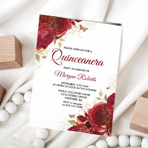 Invitation Roses Rouges Papillons Quinceanera 15e Anniversair