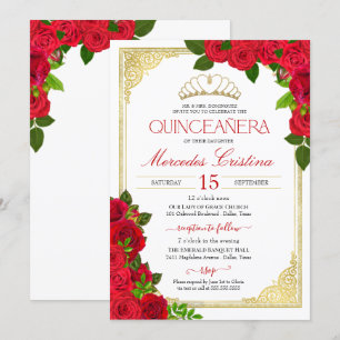 Invitation Roses rouges Quinceañera blanc et or élégant