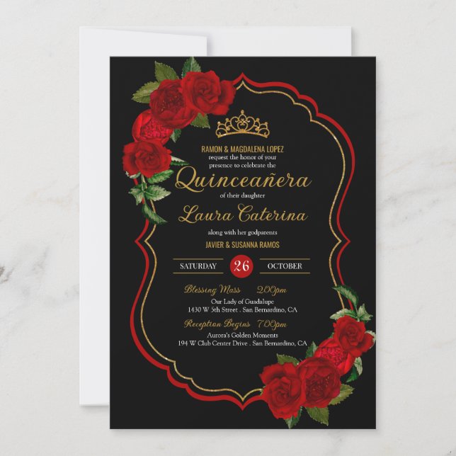 Invitation Roses rouges Quinceanera noir et or élégant (Devant)