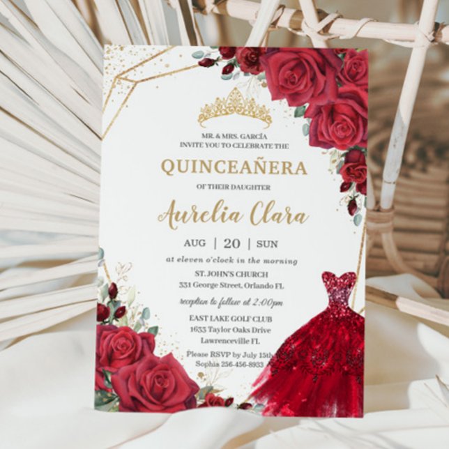 Invitation Roses rouges Quinceañera Roses Floral Gold Princes (Créateur téléchargé)