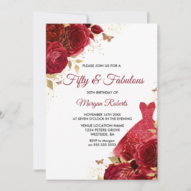 Invitation Roses rouges robe cinquante et fabuleux 50e annive (Devant)