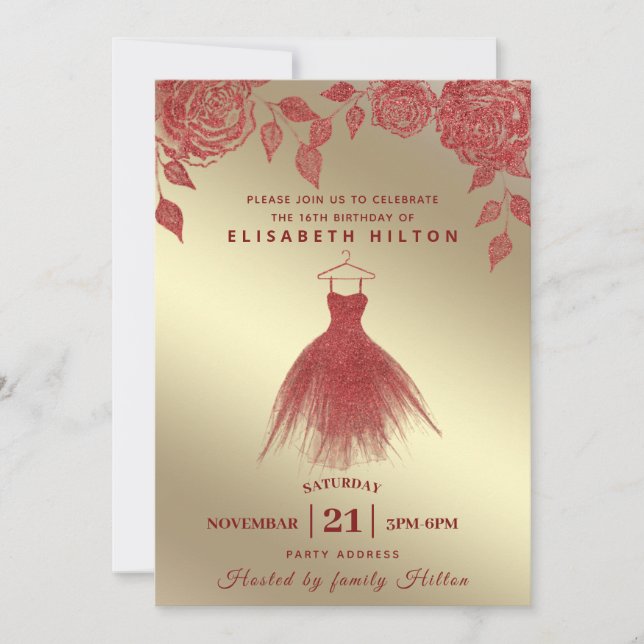 Invitation Roses rouges robe Parties scintillant moderne swee (Devant)