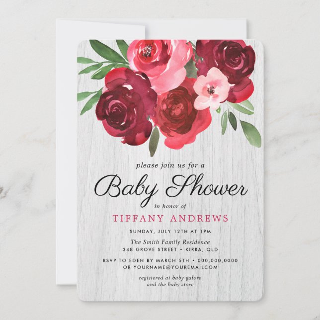 Invitation Roses rouges romantiques Baby shower rustique Invi (Devant)