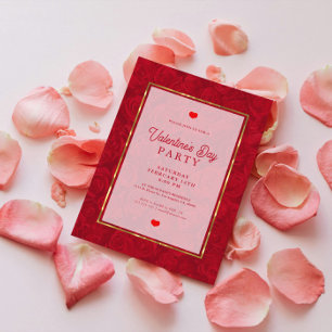 Invitation Roses rouges romantiques Bandes d'or Accent
