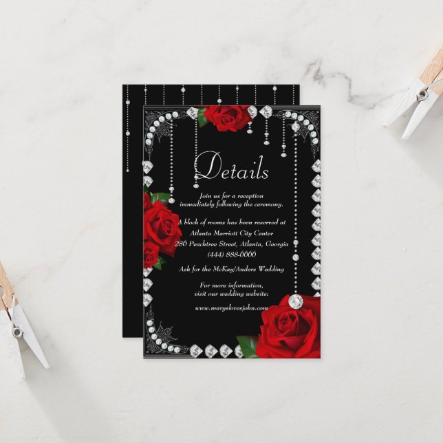 Invitation Roses Rouges Romantiques Et Diamants Détails Maria (Devant/Arrière en situation)