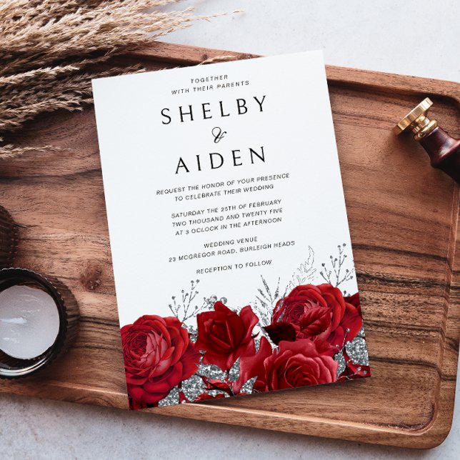Invitation Roses rouges romantiques et Mariage d'argent (Créateur téléchargé)