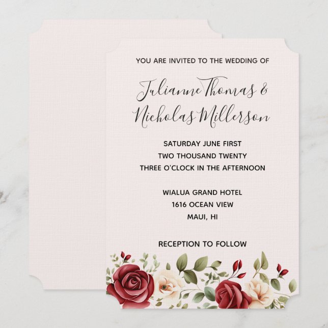Invitation Roses rouges romantiques Floral Blush Mariage rose (Devant / Derrière)