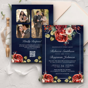 Invitation Roses rouges romantiques Floral Marine QR Code Mar