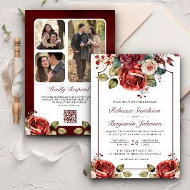 Invitation Roses rouges romantiques Floral Photo QR Code Mari