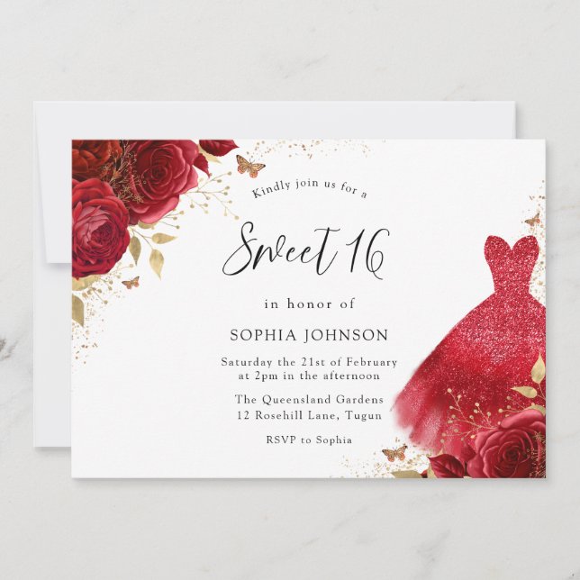 Invitation Roses rouges Roses étincelantes Robe or doux 16 Pa (Devant)