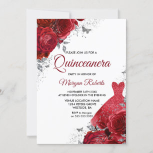 Invitation Roses Rouges Roses Étincelle Robe Argent Quinceane